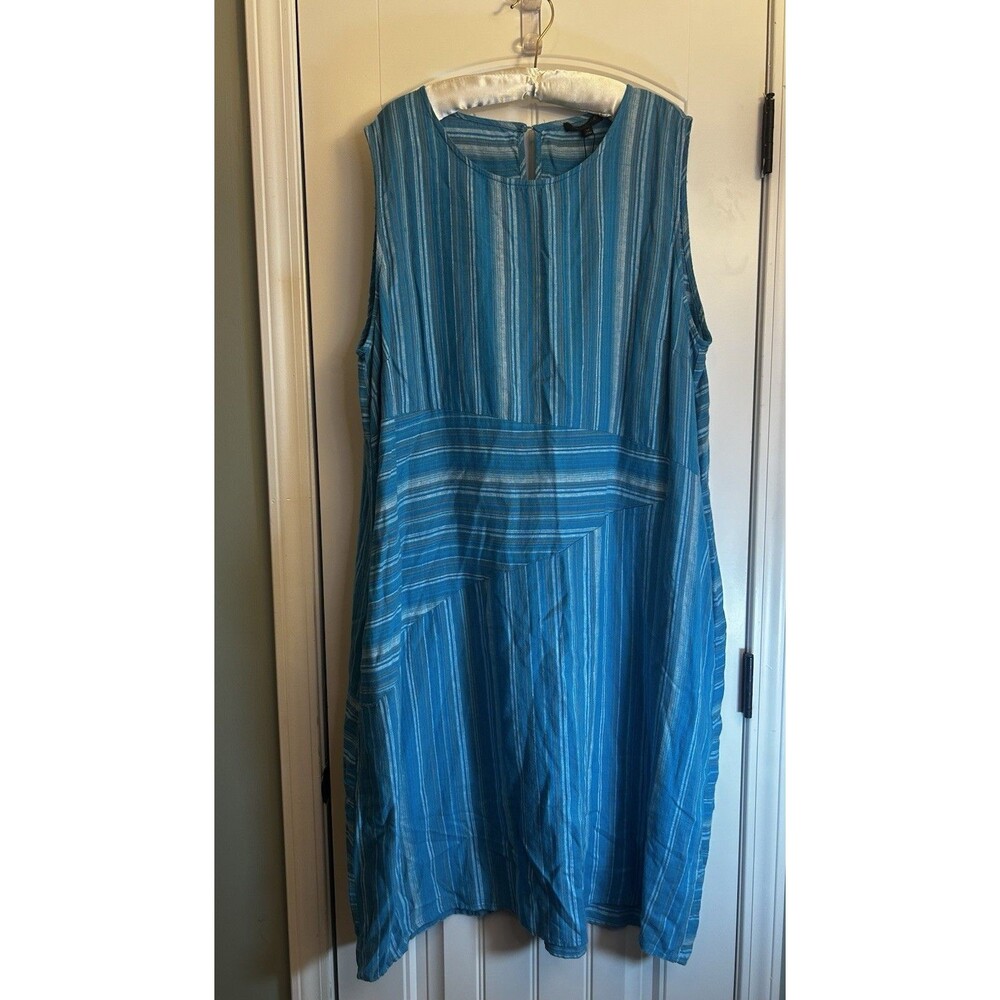 For Cynthia 3X Blue Striped Linen Blend Sleeveless Pocket Shift Dress Plus NWT - Picture 8 of 15